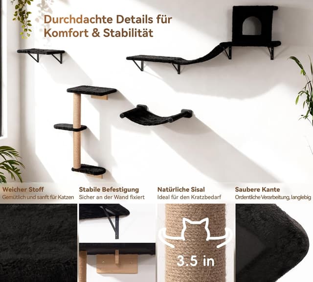 Detalle de Kletterwand Katzen Set 4-in-1 (Hängematte, Katzenhaus, Katzenbrücke, Sisal-Kratzsäulen) – wandmontiert