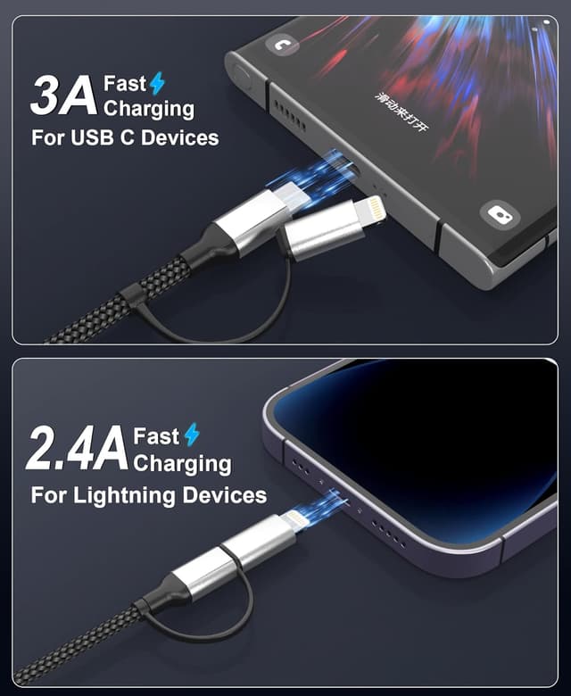 Detalle de 2m 4-in-1 Multi-USB-Ladekabel (USB‑C/Lightning) für iPhone & Android – Schnellladen bis 3A