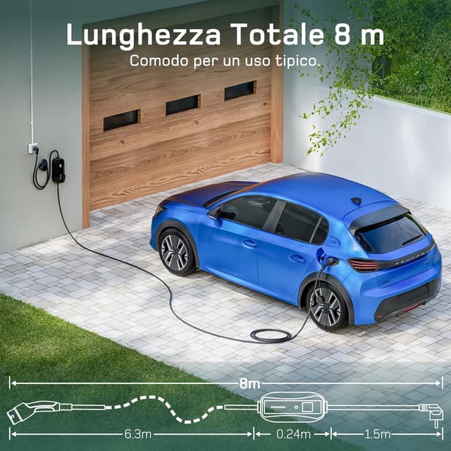 Detalle de dé Cavo ricarica auto elettrica Tipo 2 Schuko 8 m con LCD, 6-16A e fino a 3,68 kW