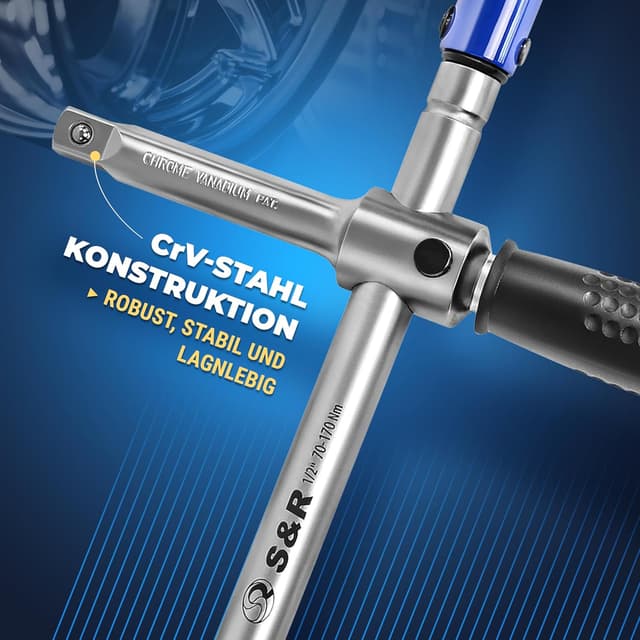 Detalle de S&R Kreuz-Drehmomentschlüssel-Set 1/2 Zoll (70–170 Nm) mit 3 Stecknüssen 17/19/21 mm im Koffer