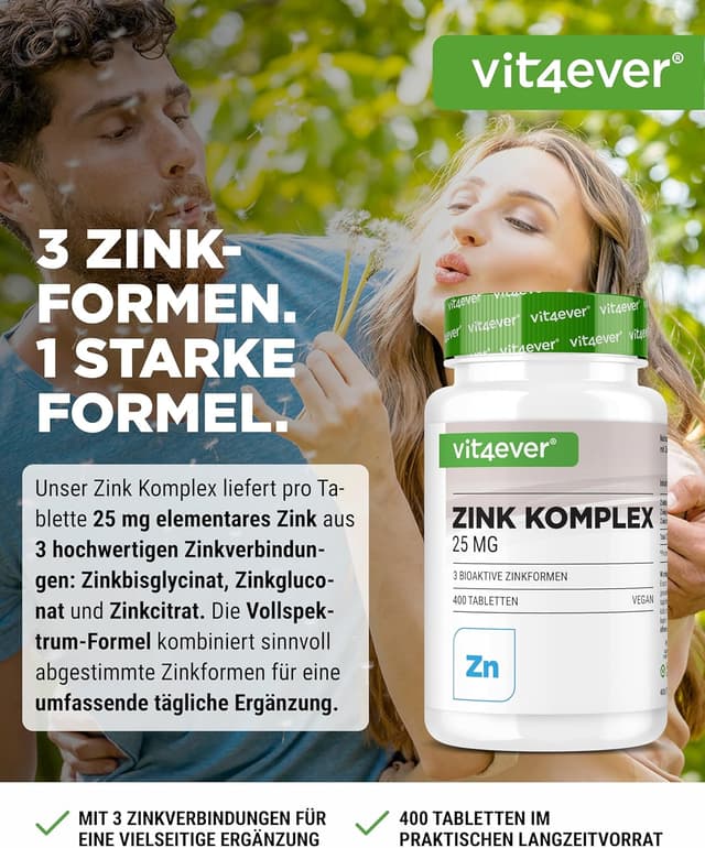 Detalle 2 de vit4ever Zink Komplex 25 mg – 400 Tabletten (3 bioaktive Zinkformen, vegan)
