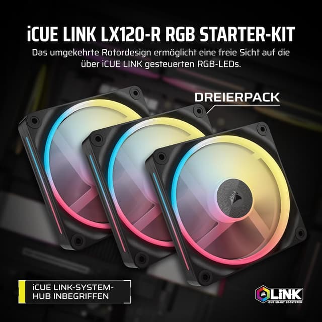 Detalle 2 de CORSAIR iCUE LINK LX120-R RGB 120mm PWM-Umkehrlüfter (Dreifach-Kit) – geräuscharm, Null-Drehzahl-Modus, RGB im Doppelring