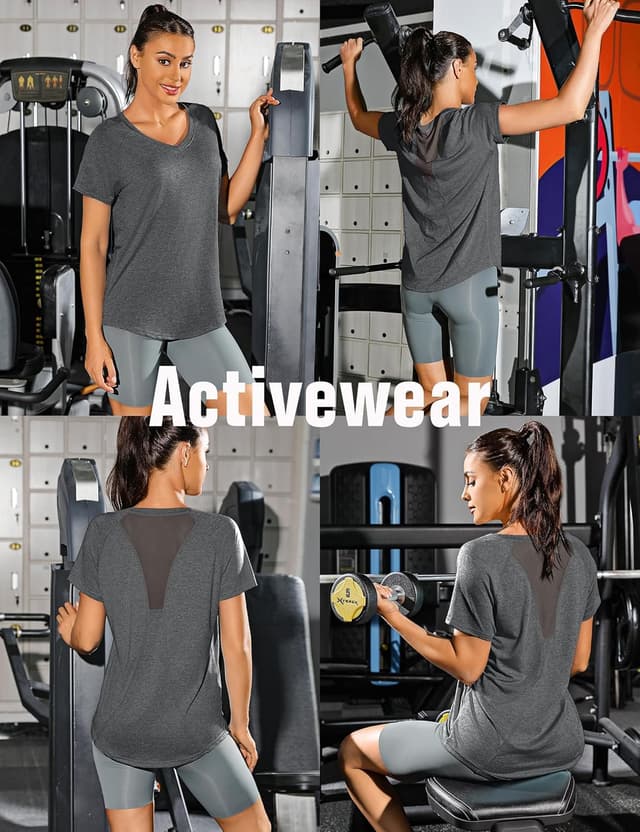 Detalle de Wayleb Damen Sportshirt mit V-Ausschnitt, Kurzarm – leichtes Funktions-Top mit Mesh-Rücken