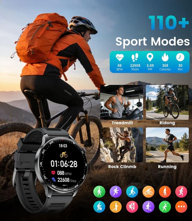 Detalle de Montre connectée homme 1,7" HD avec appel Bluetooth, capteur cardio et écran tactile