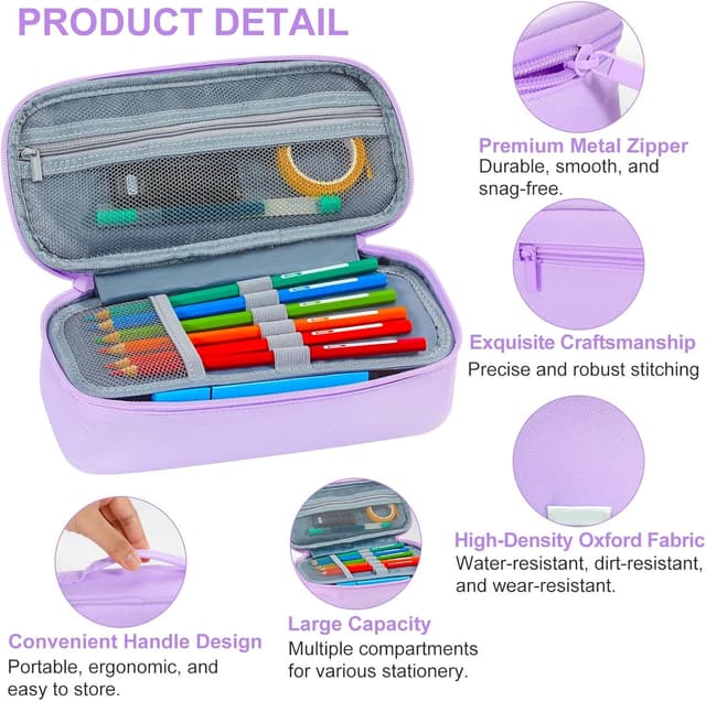 Detalle de Betarami Purple Pencil Case with Handle – Large 5-Compartment Pencil Pouch for School, Office & Home