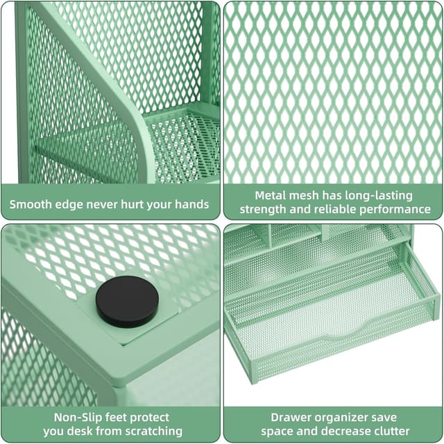 Detalle de Marbrasse Netz Schreibtisch-Organizer mit Schublade (grün) – Stiftehalter & Aufbewahrung für Büro, Schule und Zuhause