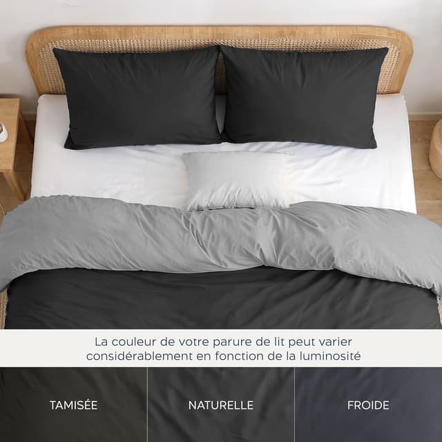 Detalle de Twinzen Housse de couette réversible 220x240 cm en microfibre gris foncé / gris clair + 2 taies 65x65 cm
