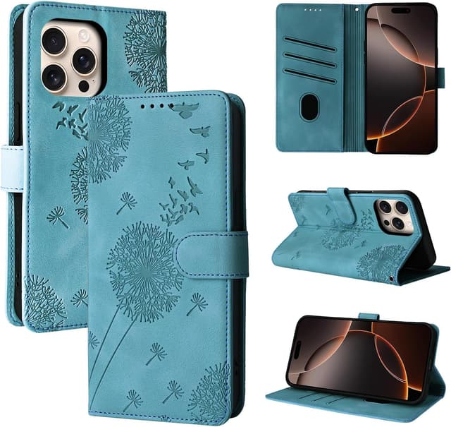 Detalle de Rostsant Handyhülle für iPhone 16 Pro Max mit Kartenfächern und Magnet-Flipcase (PU-Leder, Löwenzahn) – Blau