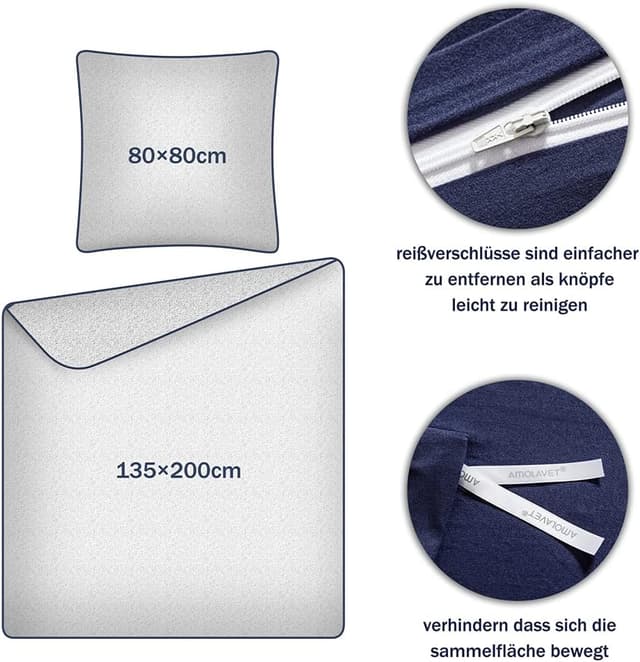 Detalle 2 de Amolavet Sommer-Bettwäsche 135x200 in Blau (2-teilig, Mikrofaser) mit Reißverschluss