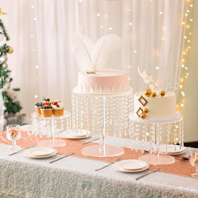 Detalle de LANLONG Crystal Cake Stand Set (3 pcs) – Clear Acrylic Round Cake & Cupcake Stands for Weddings, Birthdays & Parties
