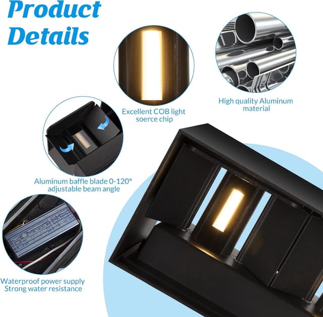 Detalle de Cwycfw Applique da parete 24W IP65 bianco caldo 3000K con angolo del fascio regolabile