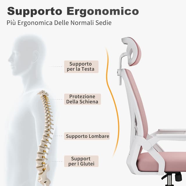 Detalle de naspaluro Sedia da Ufficio rosa con braccioli ribaltabili, poggiatesta e schienale in rete traspirante