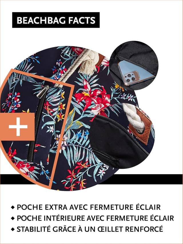 Detalle 2 de DonDon sac de plage hydrofuge avec fermeture à glissière, grand shopper pour la plage et les sorties