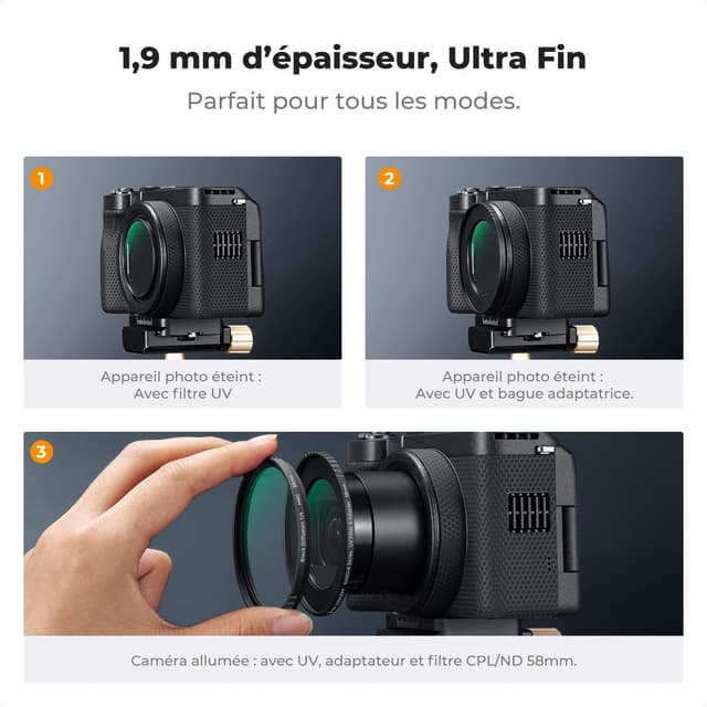 Detalle de Kit K&F Concept filtre UV de protection + bague pour Canon PowerShot V1