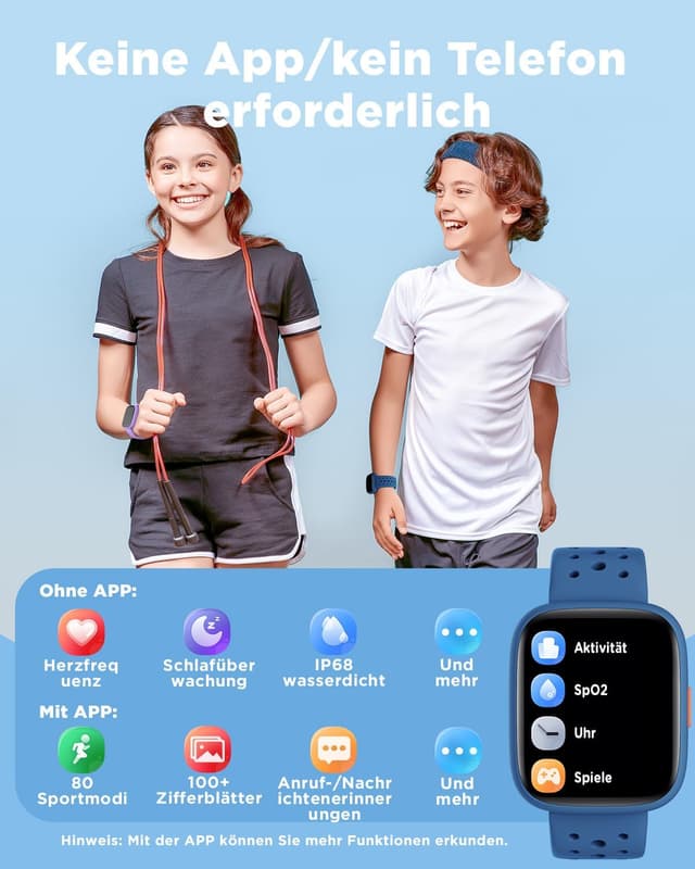 Detalle de BIGGERFIVE BRAVE 2 Smartwatch Kinder (1,8") – Schrittzähler, 24/7 Puls & Schlafmonitor, IP68, Blau