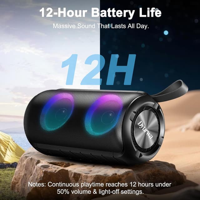 Detalle de Dyurwa Portable Bluetooth Speaker (24W Stereo Sound, Bluetooth 5.3, IPX6, 12H playtime) with RGB lights and built-in mic