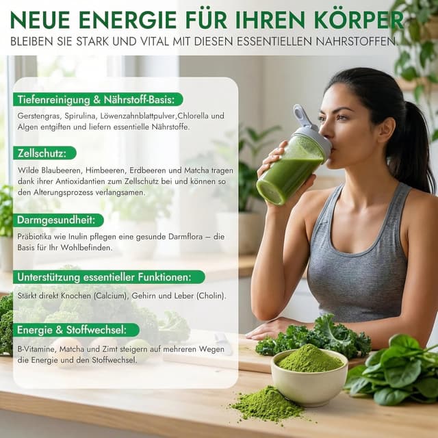 Detalle 2 de Grünes Entgiftungspulver (200 g) mit Matcha, Gerstengras & Beeren – veganes Superfood-Pulver