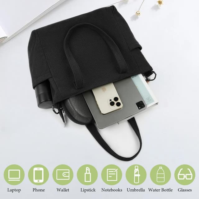 Thumbnail 6 de Aucuu Borsa a Tracolla in Velluto a Coste grande pieghevole con tasche per scuola, lavoro e viaggio