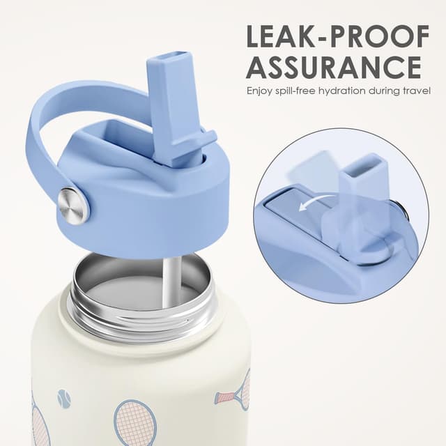 Detalle de Tennis 32oz Stainless Steel Water Bottle with Lid & Straw — Insulated Sport Bottle for Gym, School, and Days Out