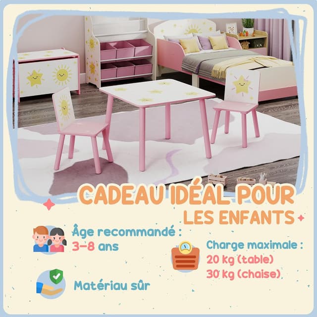 Detalle de AIYAPLAY Table enfant avec 2 chaises en bois (ensemble 3 pièces) motifs d’étoiles, rose, 3 à 8 ans