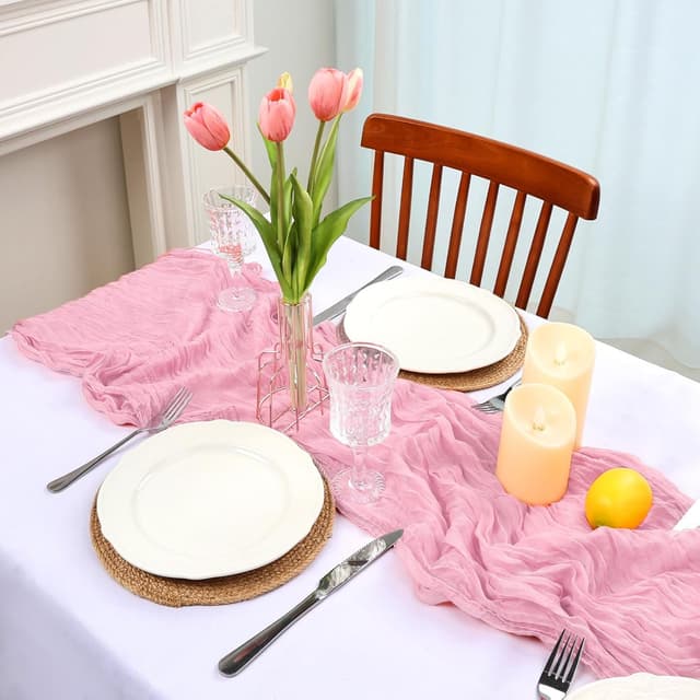 Detalle de pepmily 8-Pack Pink Cheesecloth Table Runner, 120-Inch Boho Gauze for Spring & Party Décor