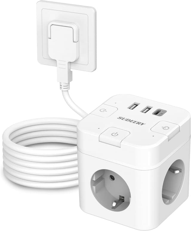 Detalle de 6-in-1 Steckdosenwürfel mit USB-C und 3 USB-Anschlüssen (3 AC einzeln schaltbar) – 4 m Kabel, weiß