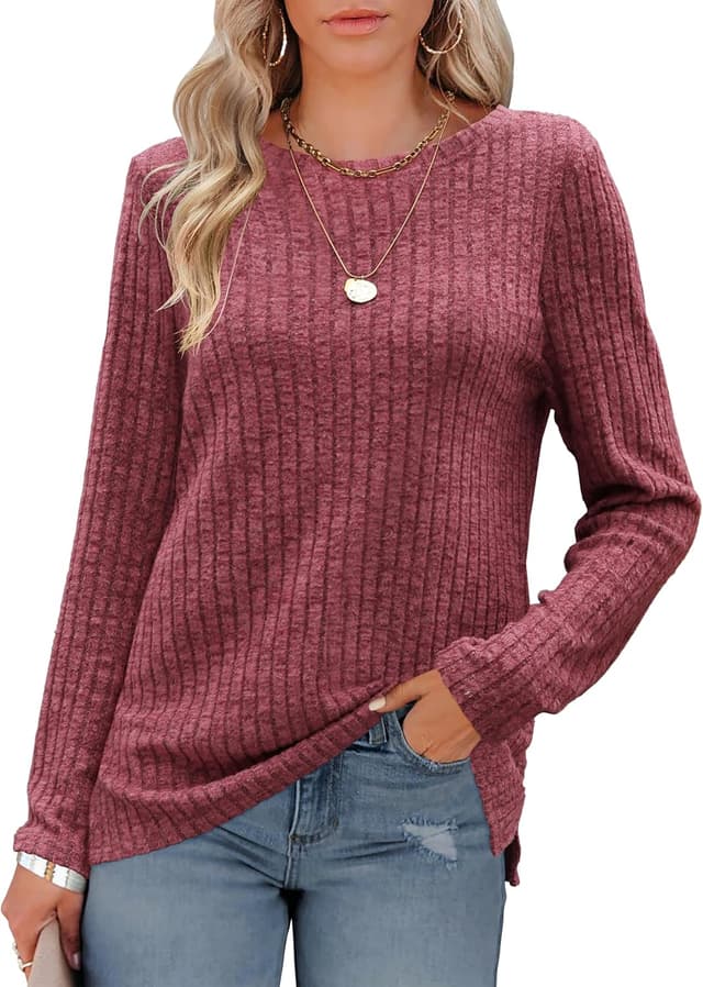 Detalle de Odosalii Damen Pullover mit Rundhalsausschnitt und Langarm – gestreifter Strickpullover mit Seitenschlitz