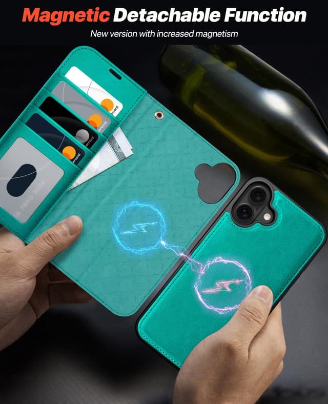 Detalle de OCASE iPhone 16 Plus Hülle (2in1) aus Leder – stoßfest mit abnehmbarer Magnet-Flipbörse, Kartenfach, RFID und Standfunktion