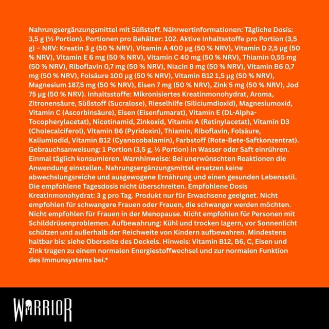 Detalle de Warrior Creatine Monohydrate + Vitamine (360 g, 80 Portionen) – mikronisiertes Kreatin & Multivitamin-Blend, vegan, Mixed Berry