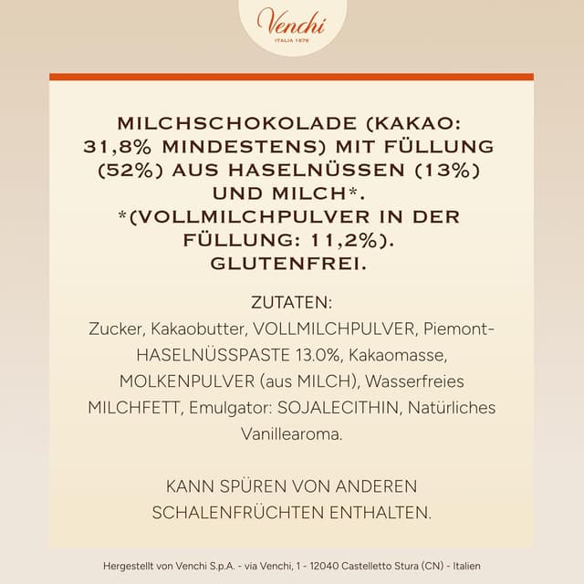Detalle 2 de Venchi Spardose mit 9 Schokoladeneiern (100 g) – Milchcreme & „Piemont-Haselnüss“, glutenfrei