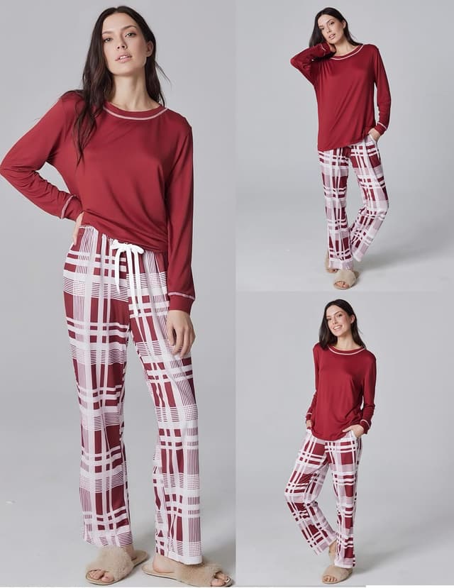 Detalle de Ekouaer Women’s Pyjamas Set – long sleeve top and plaid bottoms with pockets