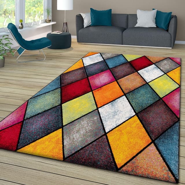 Detalle de TT Home Tapis à poils courts 3D géométrique multicolore pour chambre et salon, 200x290 cm