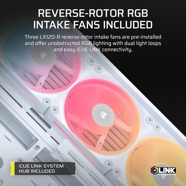 Detalle de Corsair Frame 4500X LX-R RGB LINK mid-tower PC case (InfiniRail, panoramic glass, 3x LX120R fans) – White