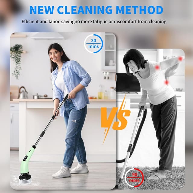 Detalle 2 de SINZUX Electric Spin Scrubber with 8 Replaceable Heads, LED Display and Adjustable Extension Handle (Green)