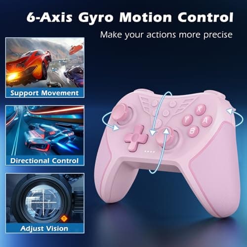 Detalle 2 de LATEC Mando inalámbrico para Switch/Switch 2 (Switch Lite y Switch OLED) con Hall, giroscopio 6 ejes y turbo, rosa