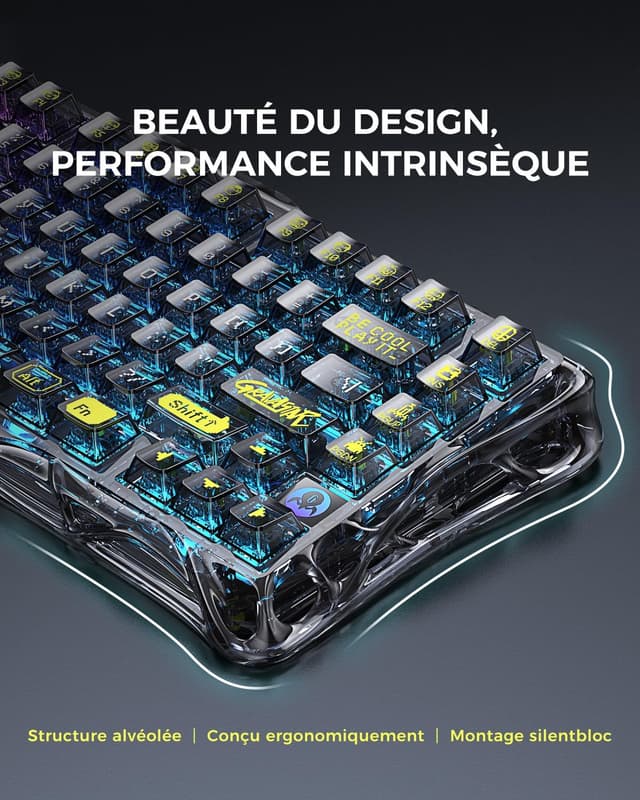 Detalle de GravaStar Mercury K1 Lite clavier mécanique 75% RGB rétroéclairé (BT 5.0, 2,4G, Type-C) QWERTY noir transparent