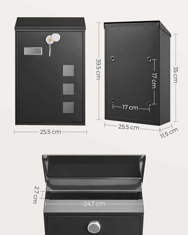 Detalle de SONGMICS GMB031B02 modern wall-mounted post box with viewing windows, nameplate and lock