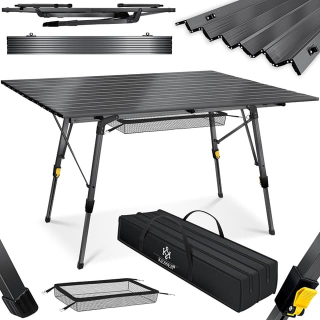Detalle de KESSER® faltbarer Campingtisch mit Aluminiumrahmen, höhenverstellbar und Tragetasche (120 x 70 cm)