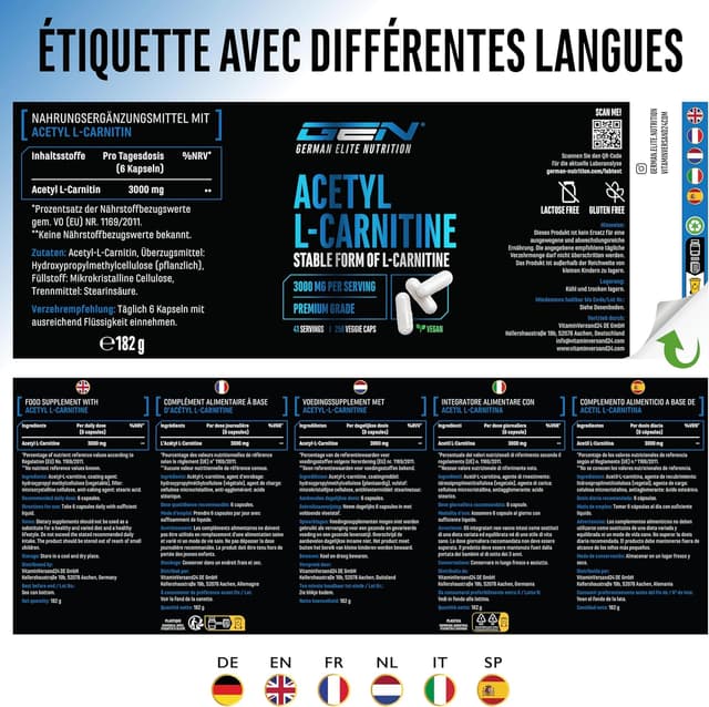 Thumbnail 5 de Acétyl-L-carnitine 3000 mg, 250 gélules véganes