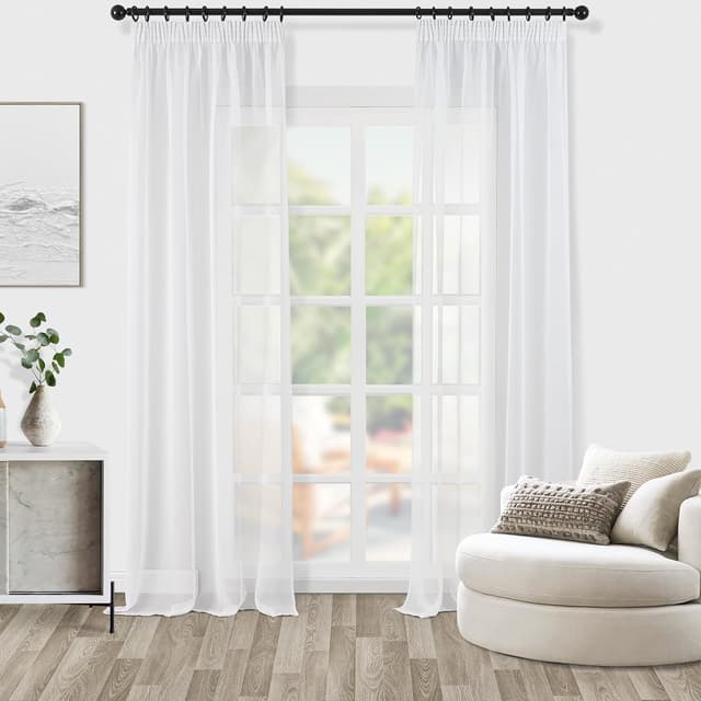 Thumbnail 6 de Topfinel Rideau voilage blanc effet lin transparent (2 panneaux) 140 x 280 cm à galon fronceur