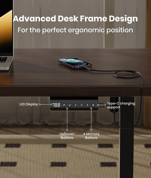 Detalle de VOSATRON elektrisch höhenverstellbares Tischgestell mit 2 Motoren, USB-C & Memory-Steuerung (schwarz)