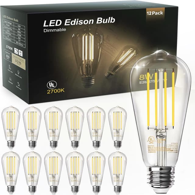 Detalle de TJOY 12-Pack Vintage ST58 LED Edison Bulbs (8W, E26) — Dimmable 2700K Warm White, CRI 80+
