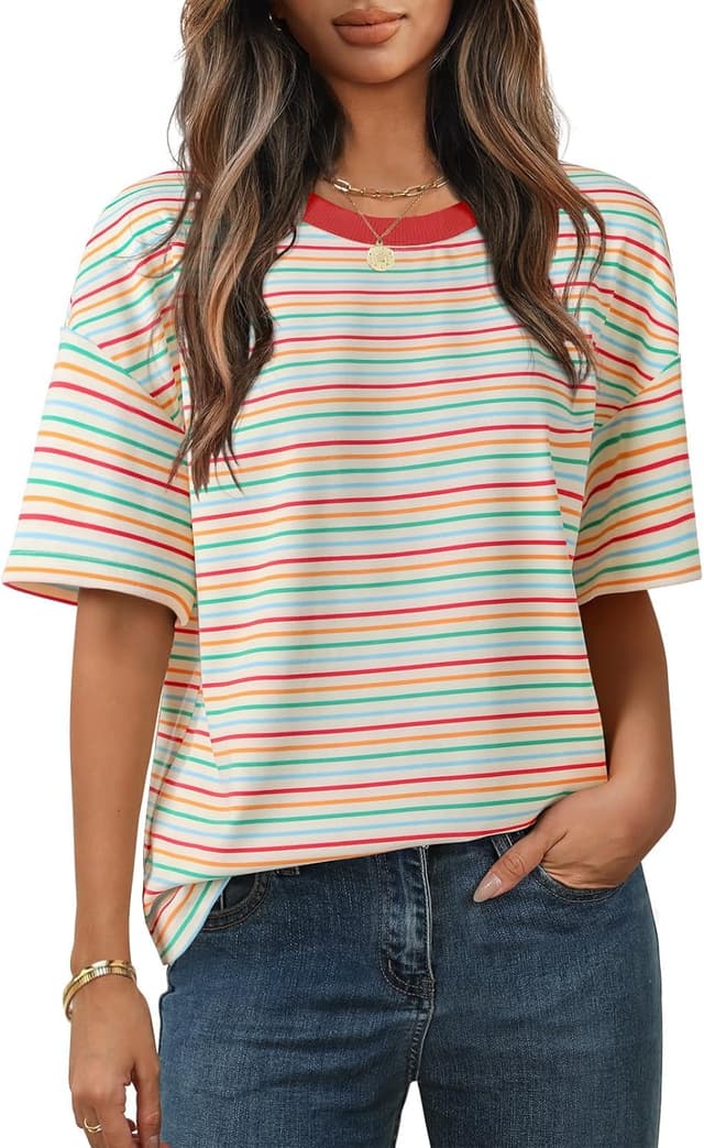 Detalle de Cuptacc Damen Oversize T-Shirt mit Rundhals und Streifenmuster – Kurzarm-Tunika im Sommerlook