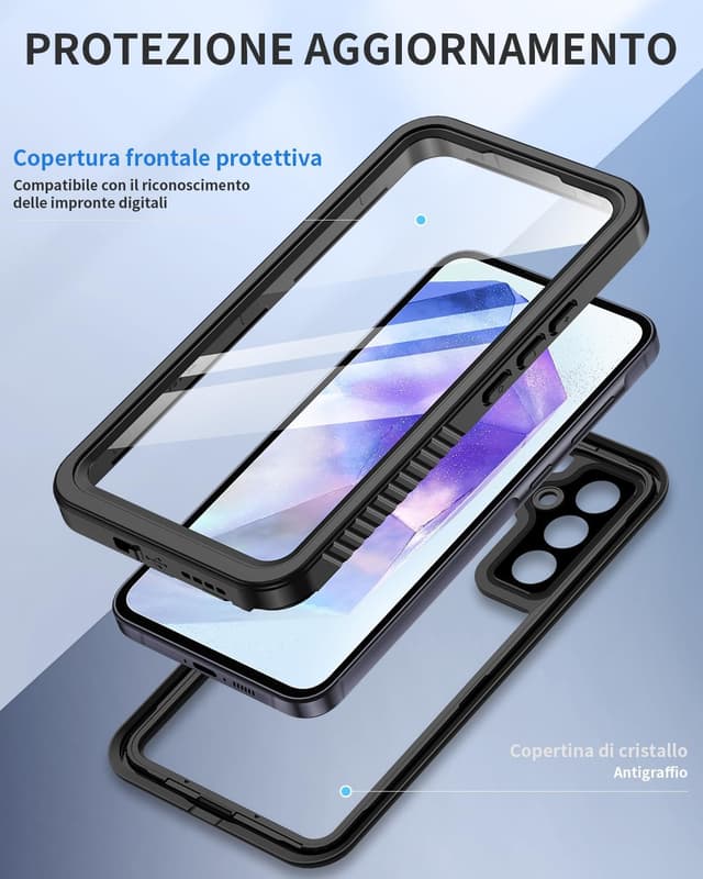 Detalle 2 de Focusor Cover impermeabile IP68 per Samsung Galaxy A55 5G con protezione schermo e custodia subacquea, nero