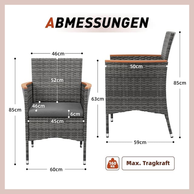 Detalle de UDPATIO Gartenstühle 2er-Set mit Kissen, wetterfestes Rattan und Hochlehner (Grau) – Outdoor Lounge für Balkon & Terrasse