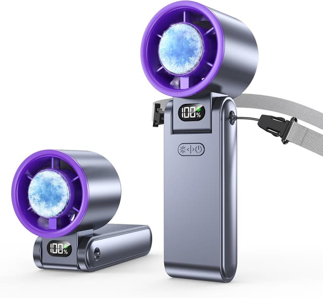 Detalle de Hihvls Portable Handheld Turbo Fan with Ice Cooler (199 Speed), 5500mAh Rechargeable, 20H Cooling, 20000 RPM, Grey Purple