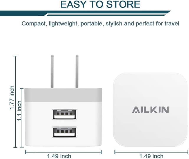 Detalle de AILKIN 2-Pack 2.4A Dual USB Wall Charger (Flat, 90-Degree Plug) for iPhone & Samsung