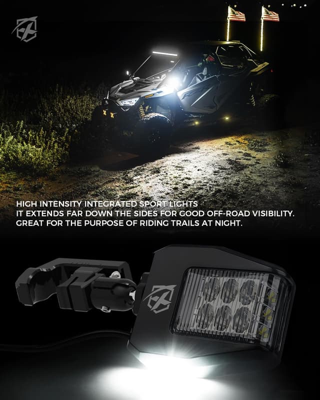 Detalle de Xprite UTV LED Side & Rear View Mirrors with Puddle Lights (Aluminum) for 1.75–2 Inch Roll Cage Bars