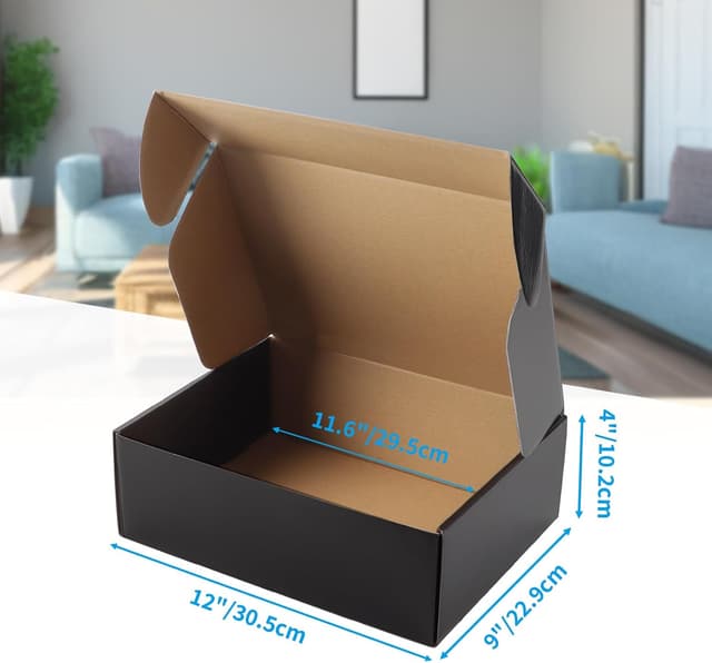 Detalle de HORLIMER 20 Pack Black Shipping Boxes 305x229x102mm (12x9x4 inch) – Corrugated Cardboard Mailing Boxes