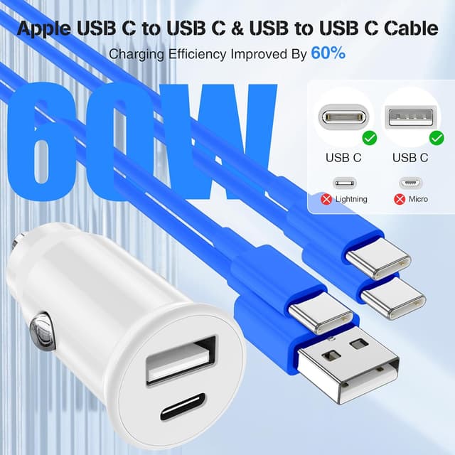 Detalle de USB-C & USB-A 40W Dual Port Car Charger with Cables for iPhone 17/16/15 Pro Max, iPad, Samsung & More